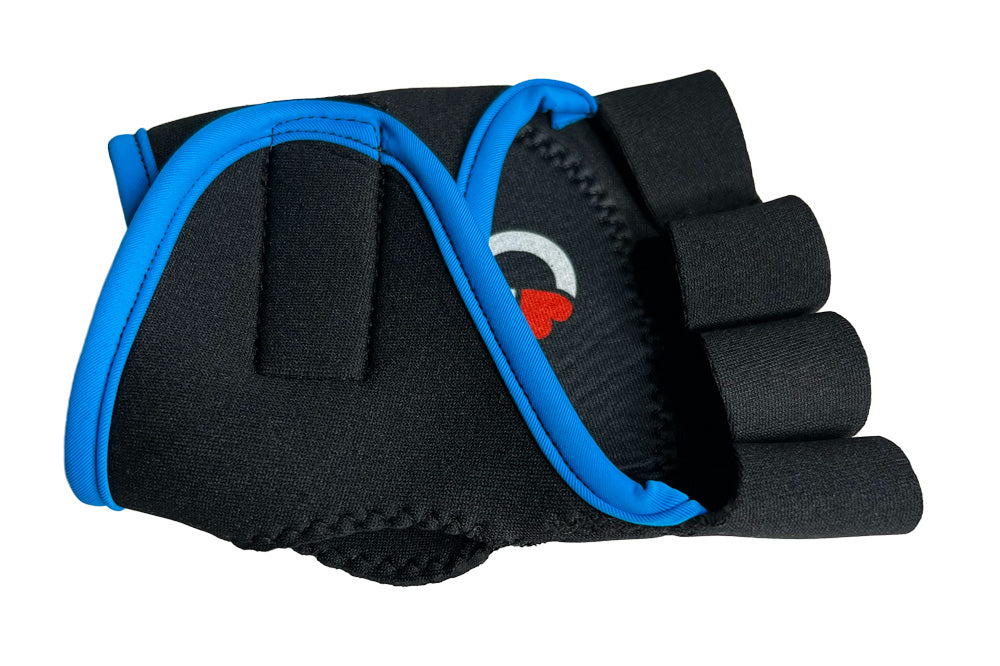 Side view of black and turquoise G-Loves showing ergonomic thumb opening designed for women's hands