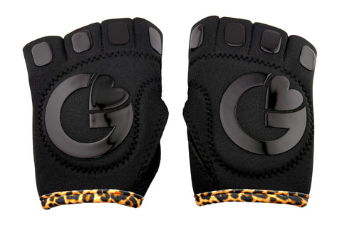 Close-up of G-Loves proprietary silicone grip pattern on black neoprene gloves with leopard accents