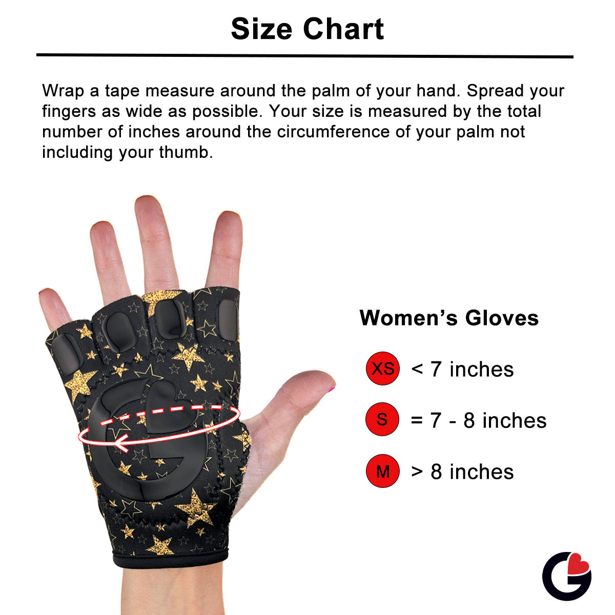 Women's G-Loves sizing guide: XS (<7"), S (7-8"), M (>8"). Measure palm circumference