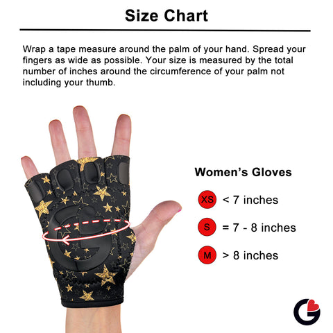 Women's G-Loves sizing guide: XS (<7"), S (7-8"), M (>8"). Measure palm circumference