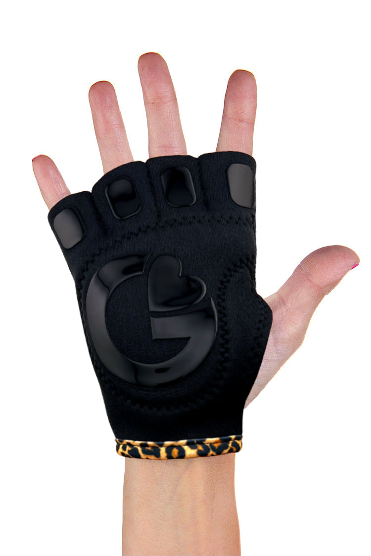 Close-up of G-Loves proprietary silicone non-slip grip on black neoprene gloves with leopard accents