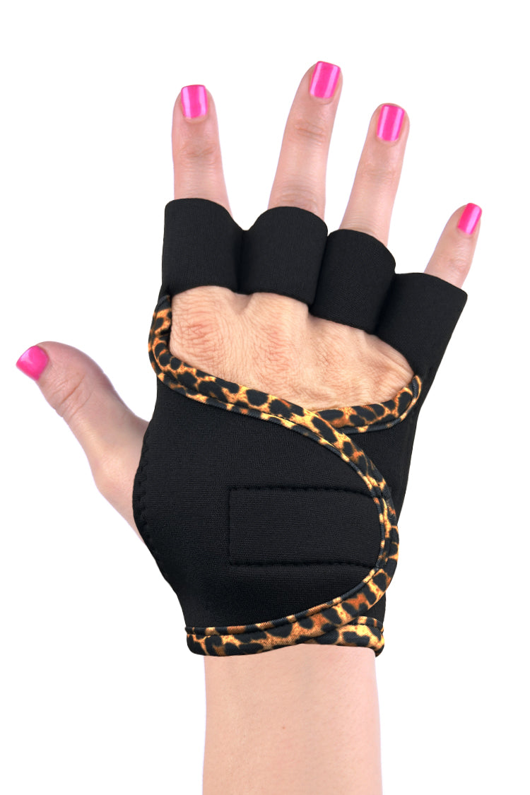 Front view of gym gloves by G-Loves - Black with Stunning Leopard Trim