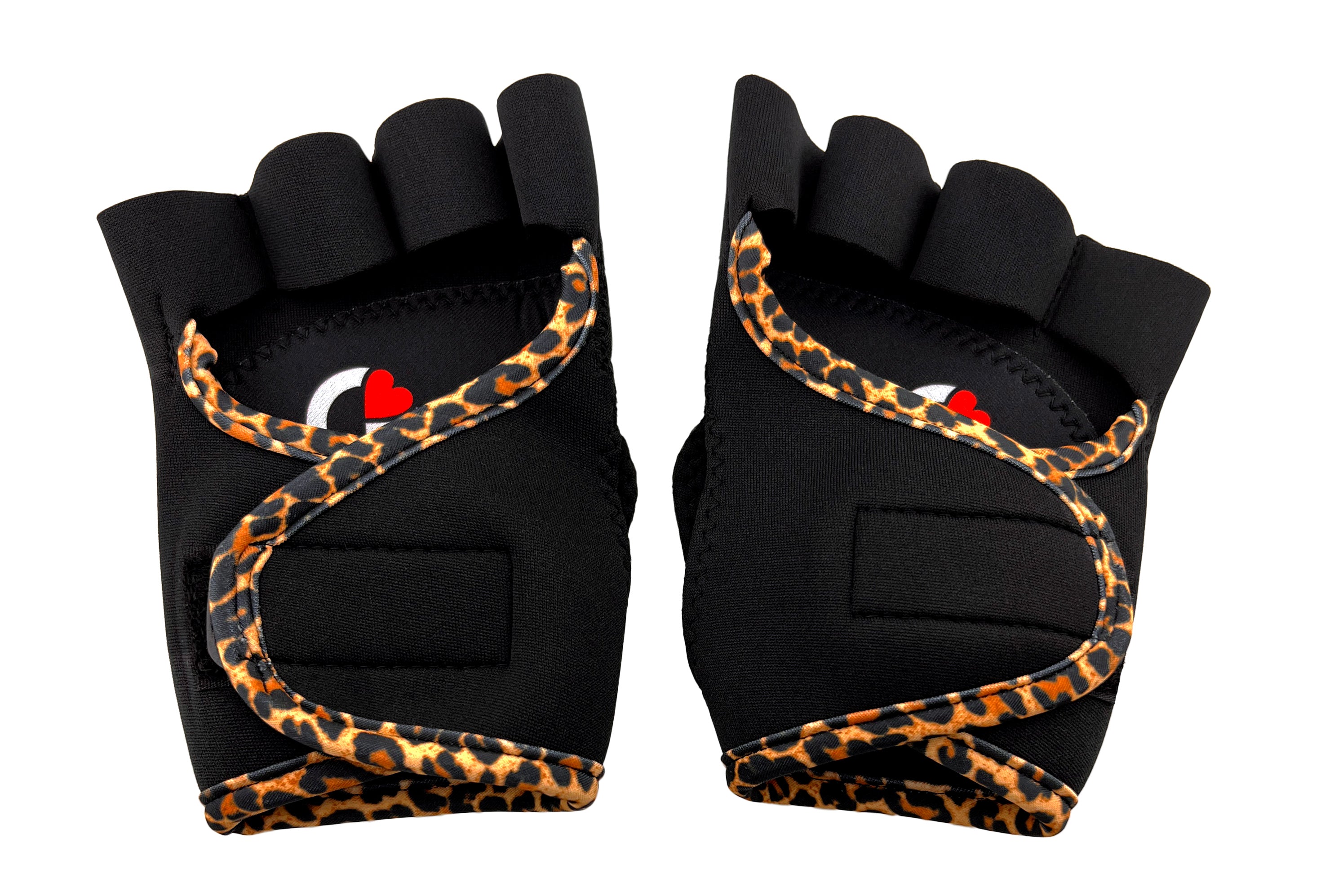 Women's black workout gloves with leopard trim showing open knuckle design and secure hook and loop by G-Loves