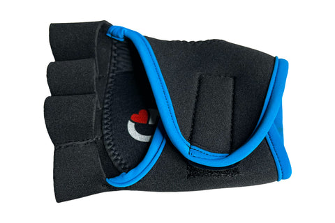 Women's black workout gloves with turquoise trim showing open knuckle design and secure wrist velcro by G-Loves