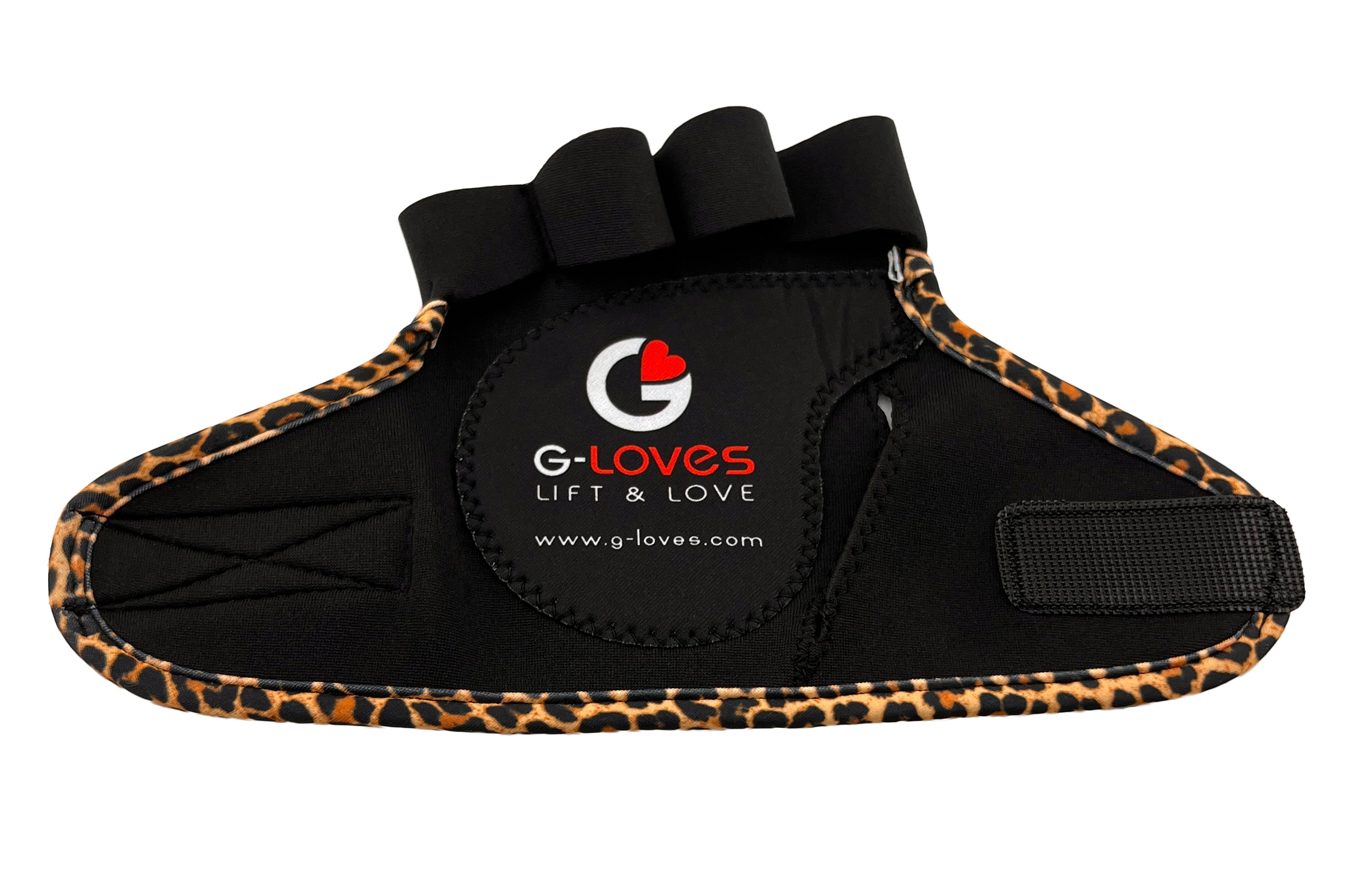 Inside view of women's G-Loves showing strategically placed palm padding and low profile hook and loop wrist closure in black with leopard trim