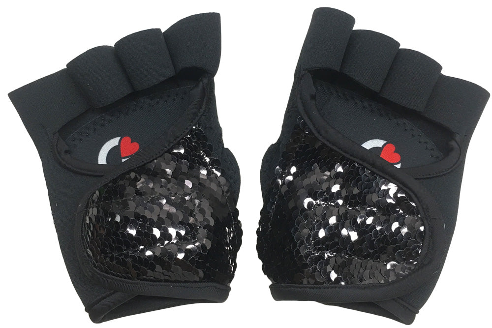 Women's Black Sequin Gelometrics Gel Padded Lagree Pilates Gloves